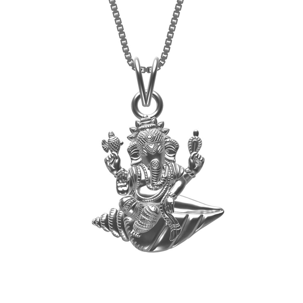 Silver Deva Shree Ganesha Sitting On Shankh Pendant : ZLGDP-1025