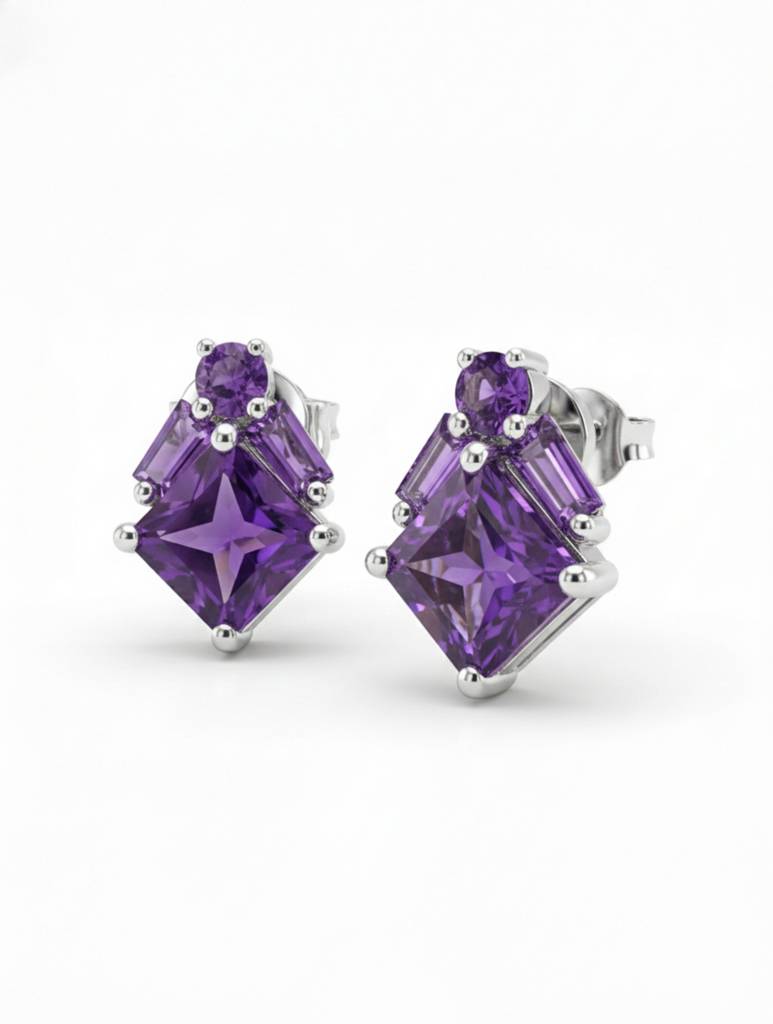 Kicky & Perky Natural Amethyst Geometric Stud Earrings In 925 Sterling Silver : VSILSME029