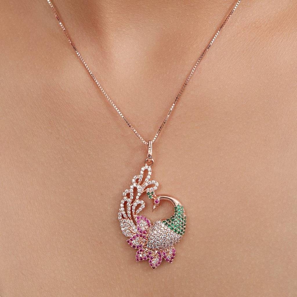 Regal Rose Gold-Plated 925 Sterling Silver Peacock Pendant : PEN-30065-C-RG