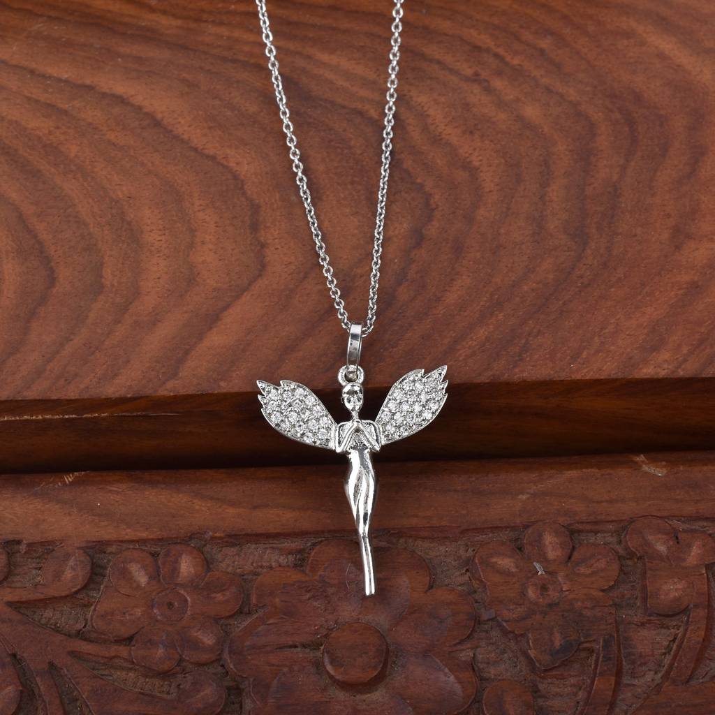 Celestial Grace Silver Angel Pendant With Chain : SIPENWHCZ25