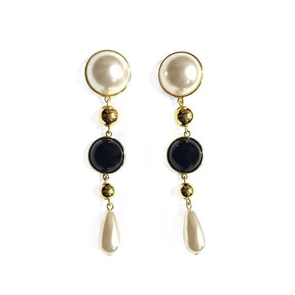 Pearl  Black Onyx Stone With Anti-Tarnish Long Drop Earrings For Women : HSPS60MB1371