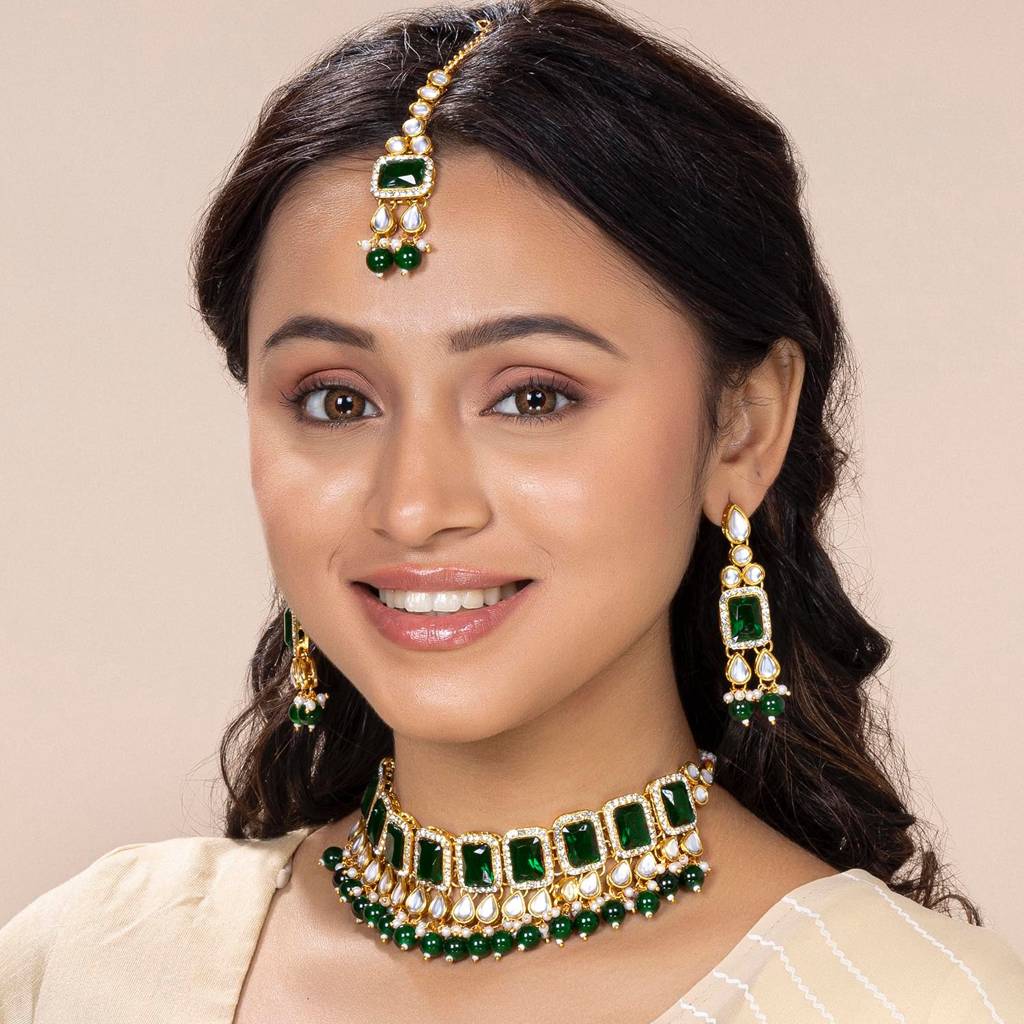 Peora Gold Plated Traditional Kundan Choker Necklace Jewellery Set With Dangle Earring Maang Tikka For Women Girls : PF24N2944G