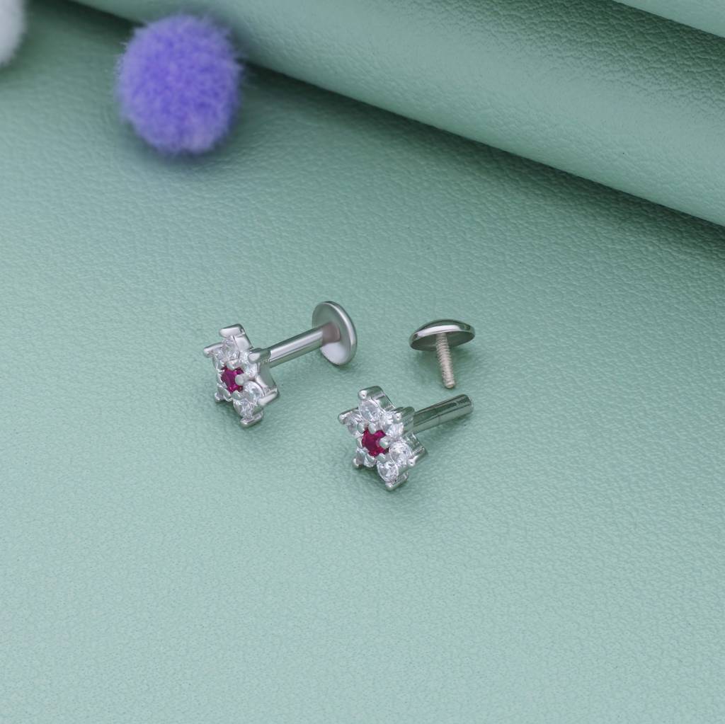 Pink Crystal Flower 925 Silver Stud For Kids & Teen(10+ Yrs) : KE-KS-RH-A-220-P