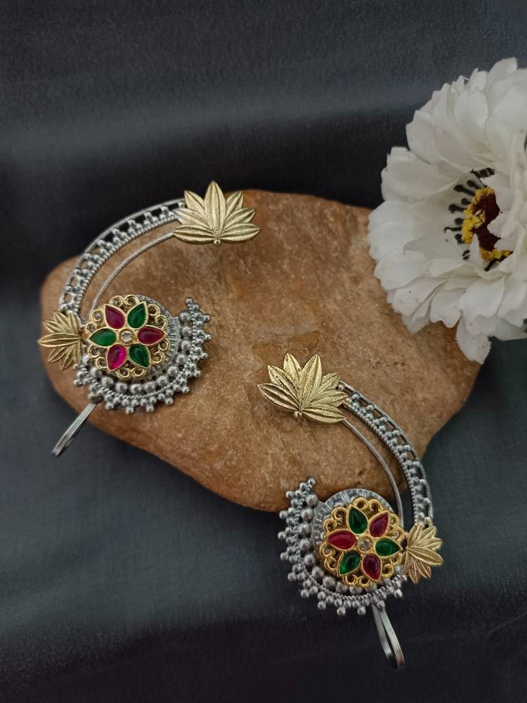 Brass-Plated Artificial Stones Studded Oxidised Floral Bugadi Ear Cuff Earring : VS105318