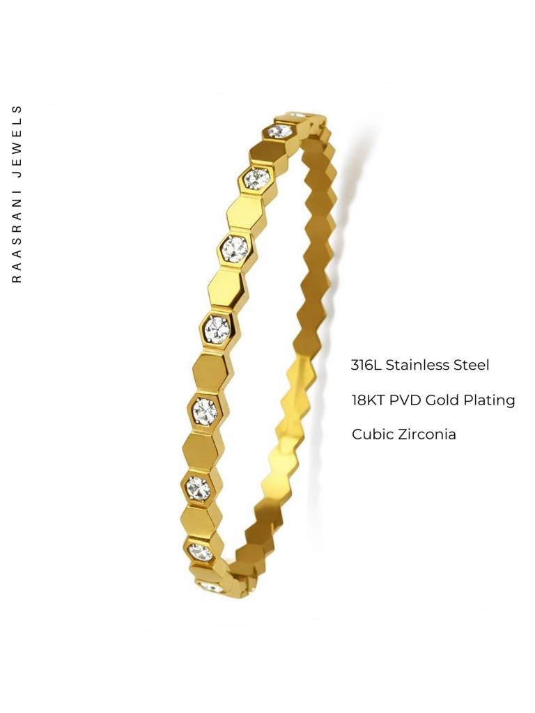 Hexagon Half Studded Gold Bracelet | Anti-Tarnish Cz Bracelet : ATB720HHSB