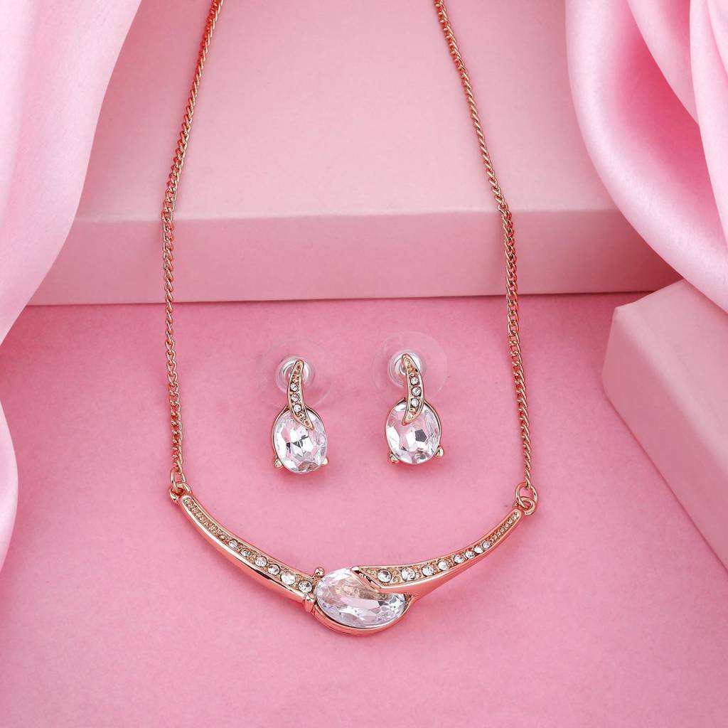 Estele Rose Gold Plated Magnificent Necklace Set With Crystals For Women