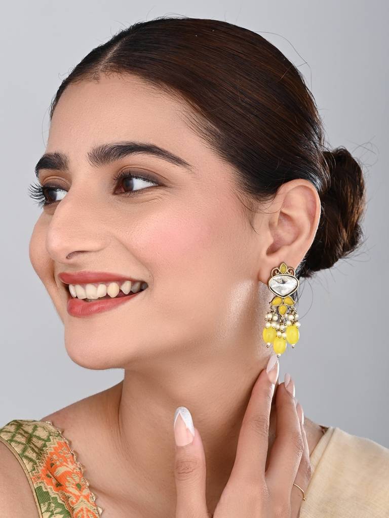 Gold Plated Kundan & Pearl Drop Earrings : S24FAER410YLW