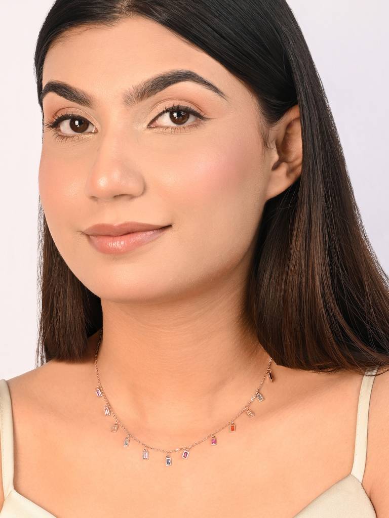 925 Silver Necklace With Multicolor Baguette Cubic Zirconia Drops. A Refined Silver Necklace For Women Designed To  : DXNC1909