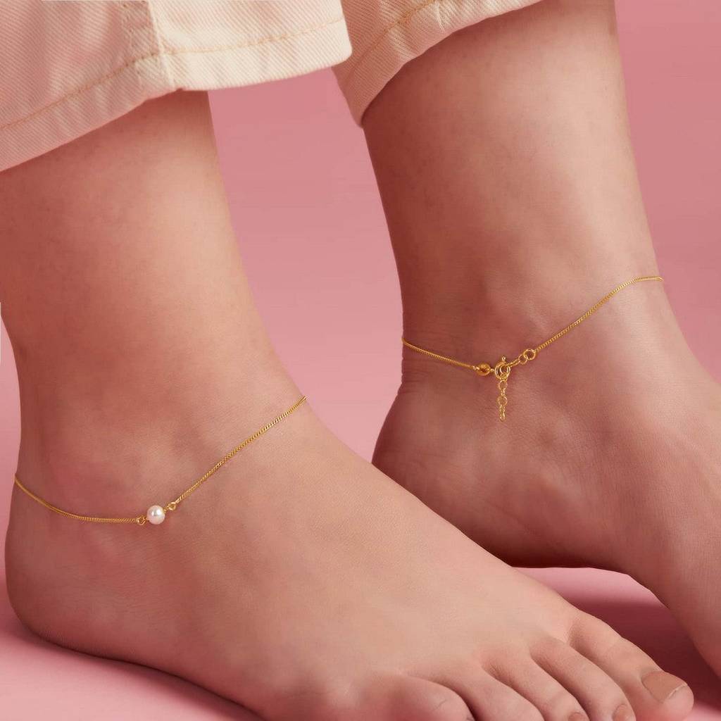 Gold-Plated & Pearl 925 Sterling Silver Chained Anklet : ANK-60247-PAIR