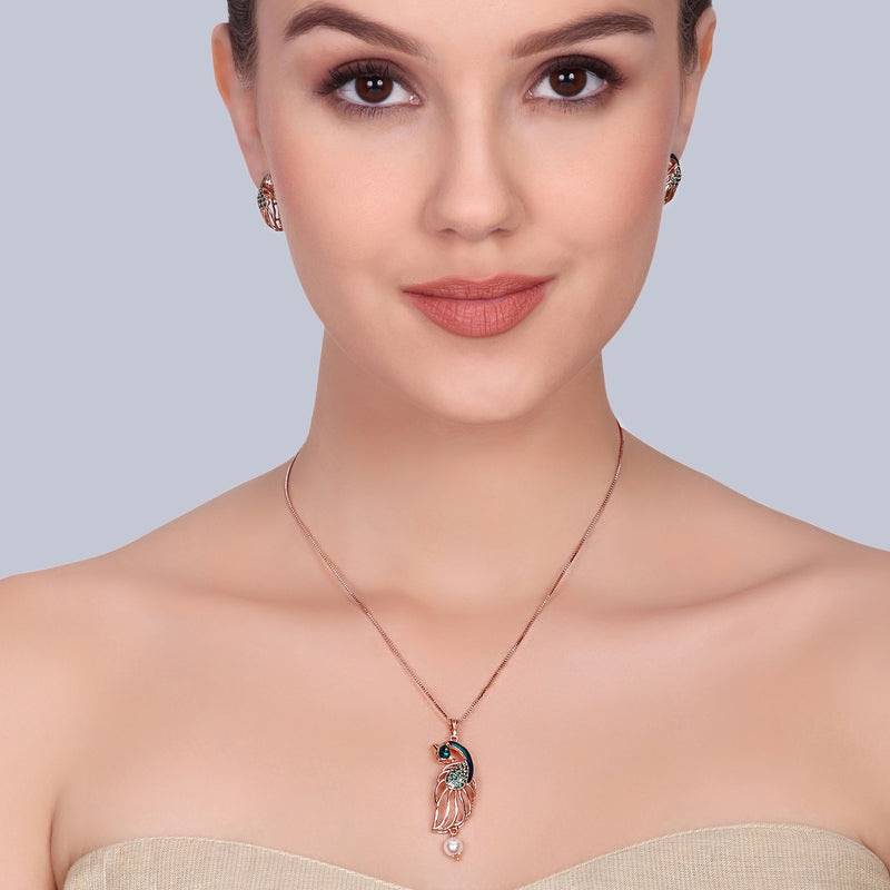 Premium Rose Gold Plated Peacock Pendant Set With Green Cz Shine|Everyday To Office Wear : AD-929-RGGNPDER