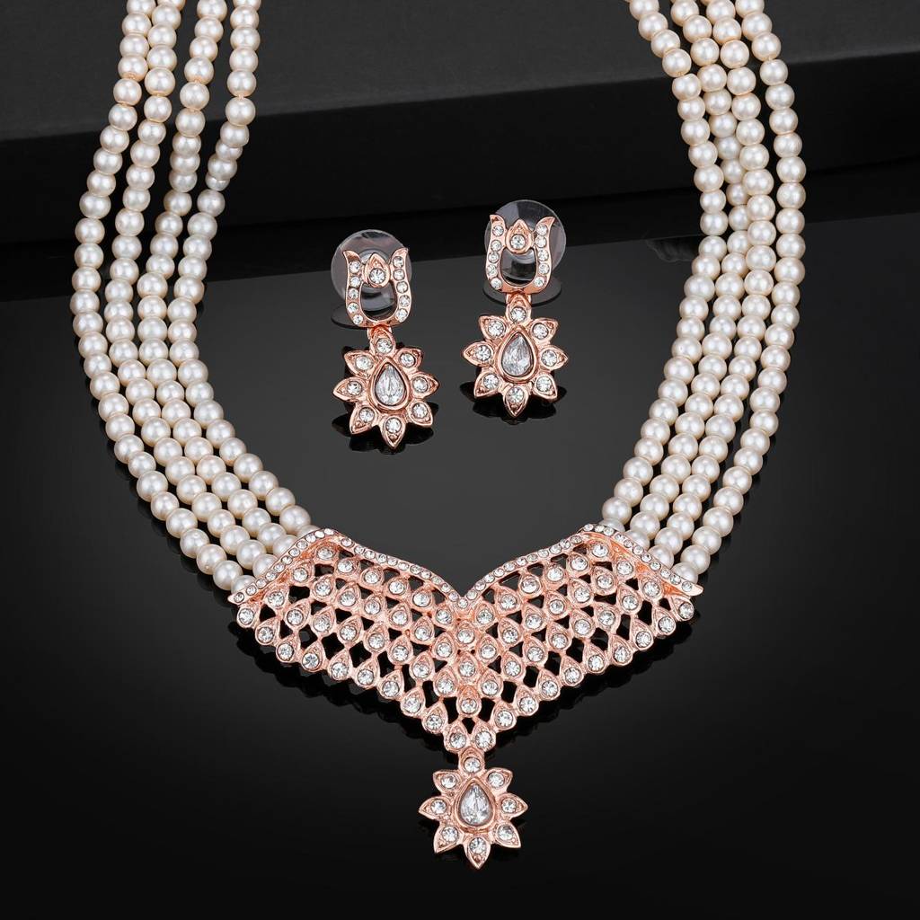 Estele Rose Gold Plated Sparkling Necklace Set With Crystals For Women