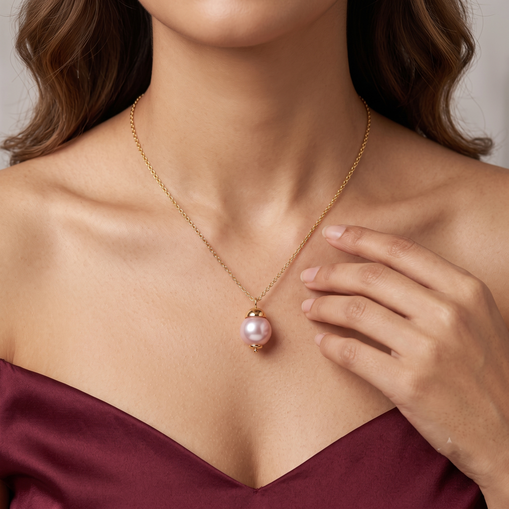 Gold Plated Brass Pink Pearl Drop Pendant Necklace : SCDELPS0472