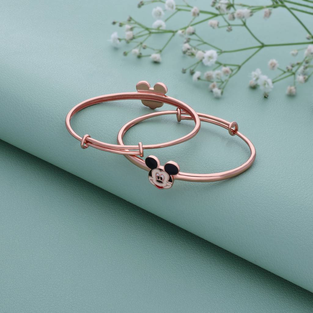 Twinkling Micky 18K Rose Gold Polish Silver Kid Bangle(0 - 5Yr) : KB-4