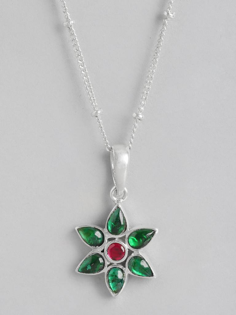 92.5 Silver Green Kundan Flower Necklace : U100SG007MY033