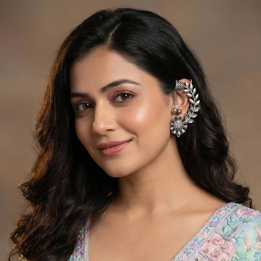 Oxidised Silver Leaf Floral Ear Cuff With Ghungroo Chain Drop Earrings : 258-KK2O-10668