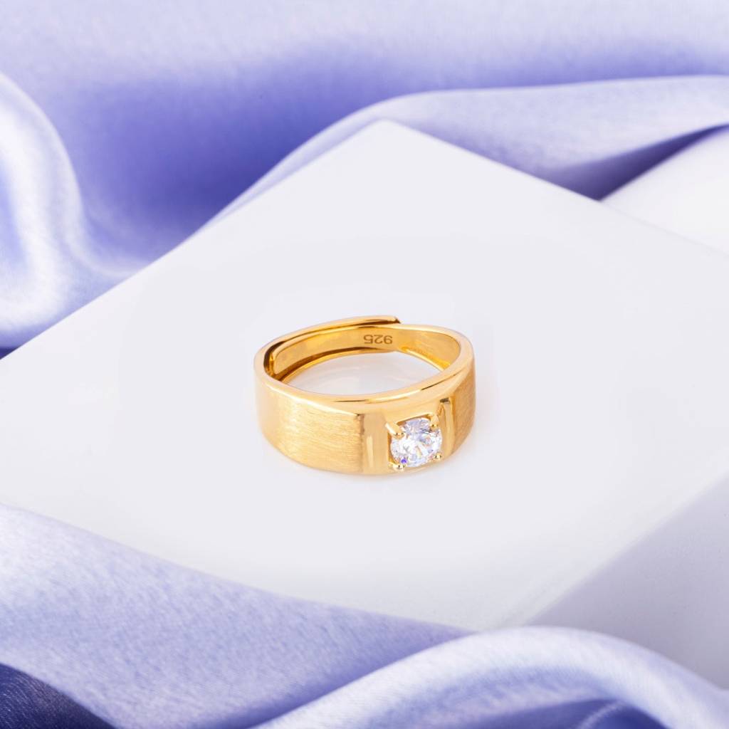 Radiant Gold Glow 925 Sterling Silver Ring With Cubic Zirconia For Him (Adjustable) : RNG-40160