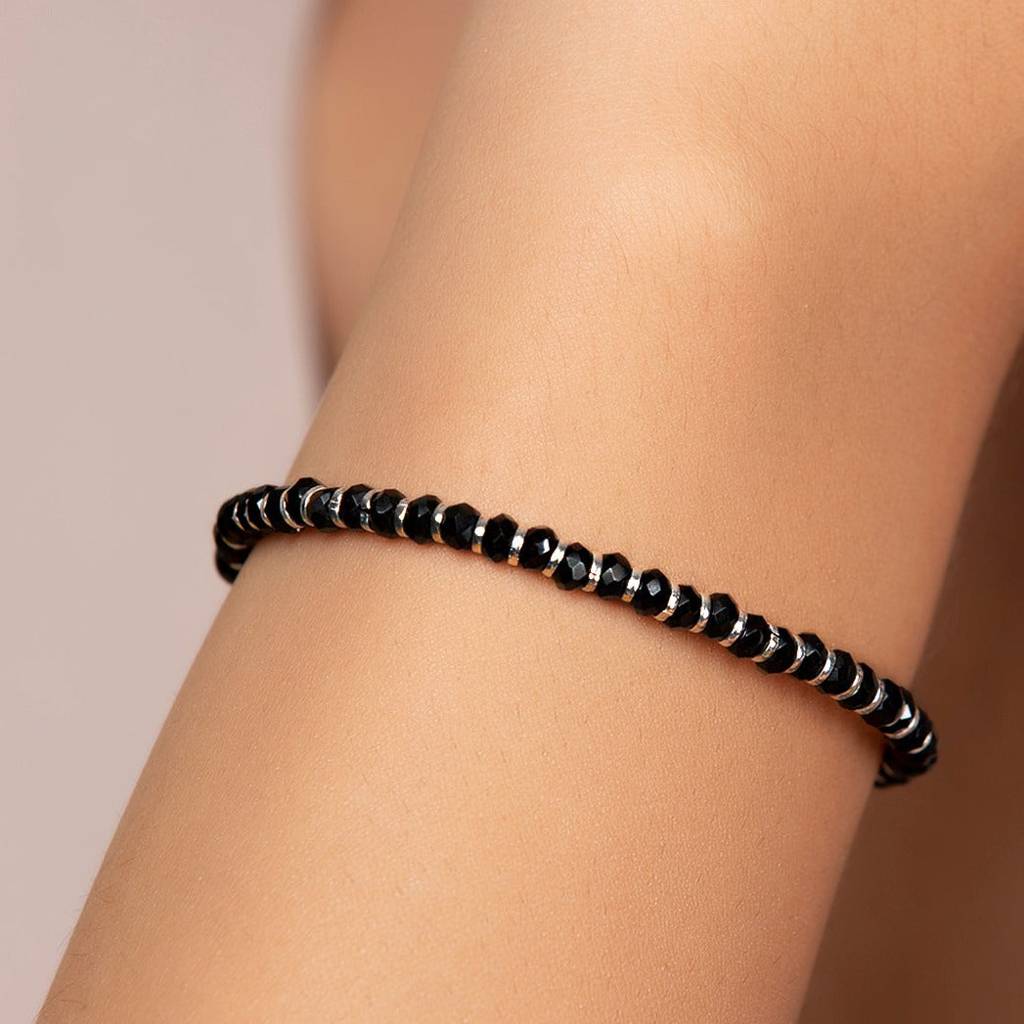 Black Bead Charm 925 Silver Bracelet In Silver Chain : BR-80064
