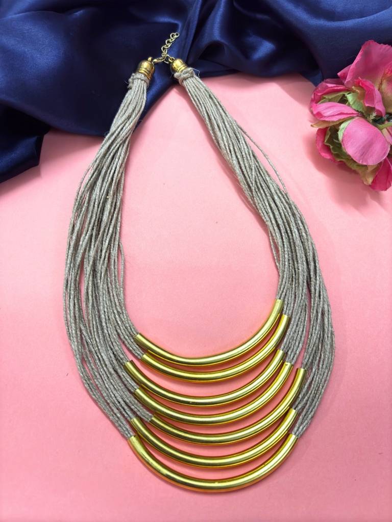 Brass And Jute Oxidised Gold Studded Crochet Necklace : VI26JSOX100054