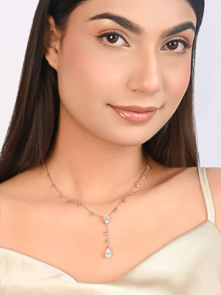 925 Silver Lariat Design With Cz Drop Accents—An Elegant Silver Necklace For Women That Highlights The Neckline Wit : EBNC2003