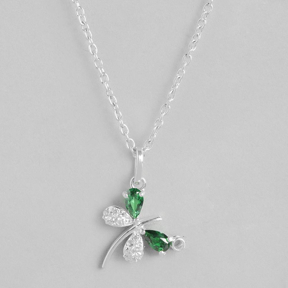 Dazzle In Simplicity With Our Minimal Silver Butterfly Necklace, Accentuated By A Captivating Aaa Grade Green And White 