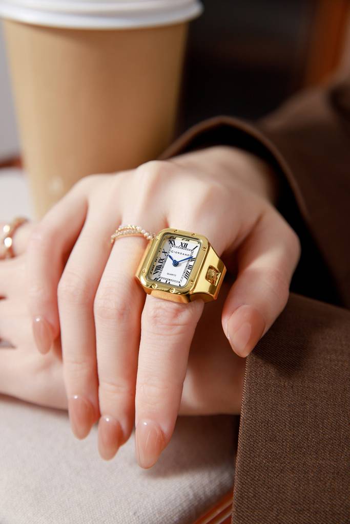 Analog Ring Watch For Women With Rectangular Dial, Roman Numeral Markers, Blue Hands, Quartz Movement And Stainl : GZ-60186-11