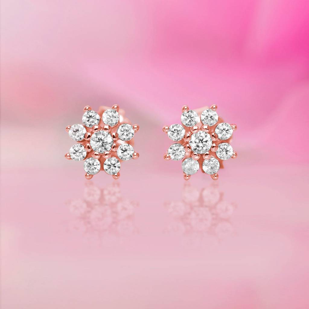 Cz Studded Floral Rose Gold 925 Sterling Silver Stud Earrings : EAR-20171