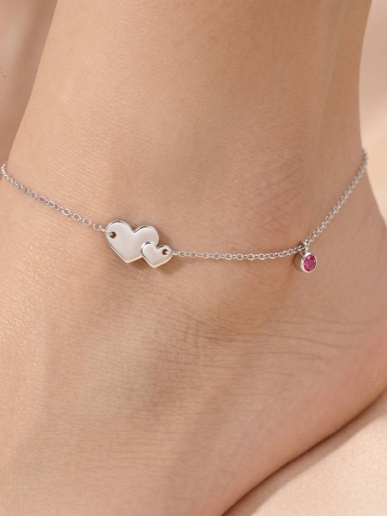 The Amour Bond Double Heart & Amethyst-Hued Silver Anklet : AK1136