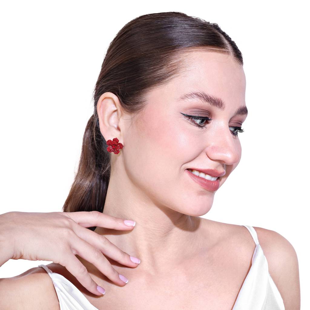 Dazzling Ruby Red American Diamond Rose Motif Stud Earrings With Luxurious Rosegold Finish : AD-815-RGRBERER