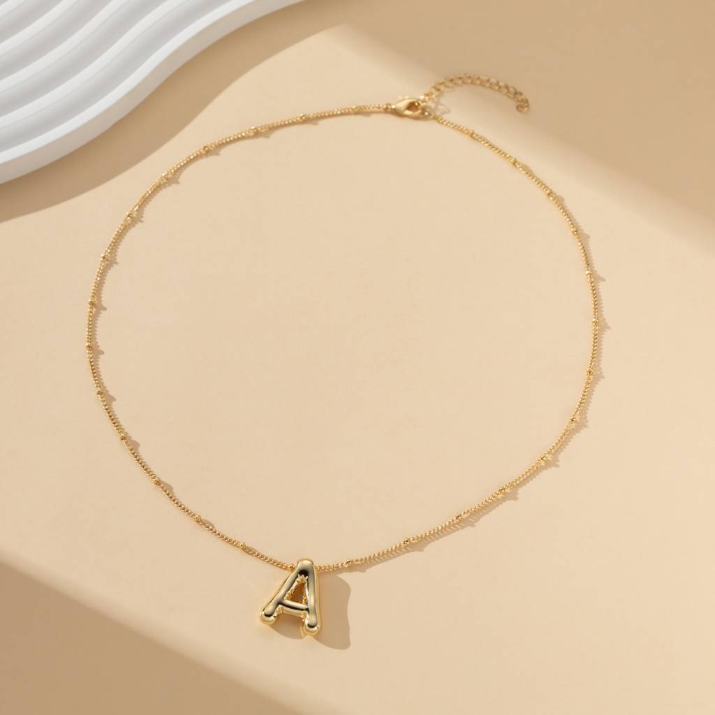18K Gold Plated Waterproof Antitarnish Balloon Design Initial Letter Pendant Necklace : AMG0624PN3178GA