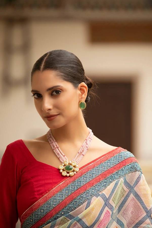 Noor-E-Deewan Necklace Set With Pink Beads & Green Polki Moissanite Pendant : XANSPOSR564