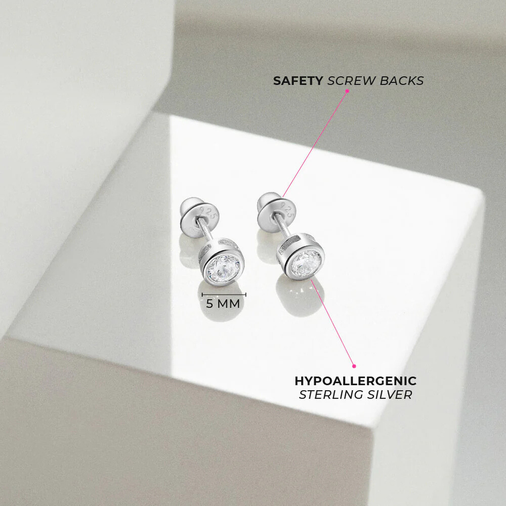 Sterling Silver Round Bezel Stud Earrings For Girls With Cubic Zirconia : KS-RG-0003