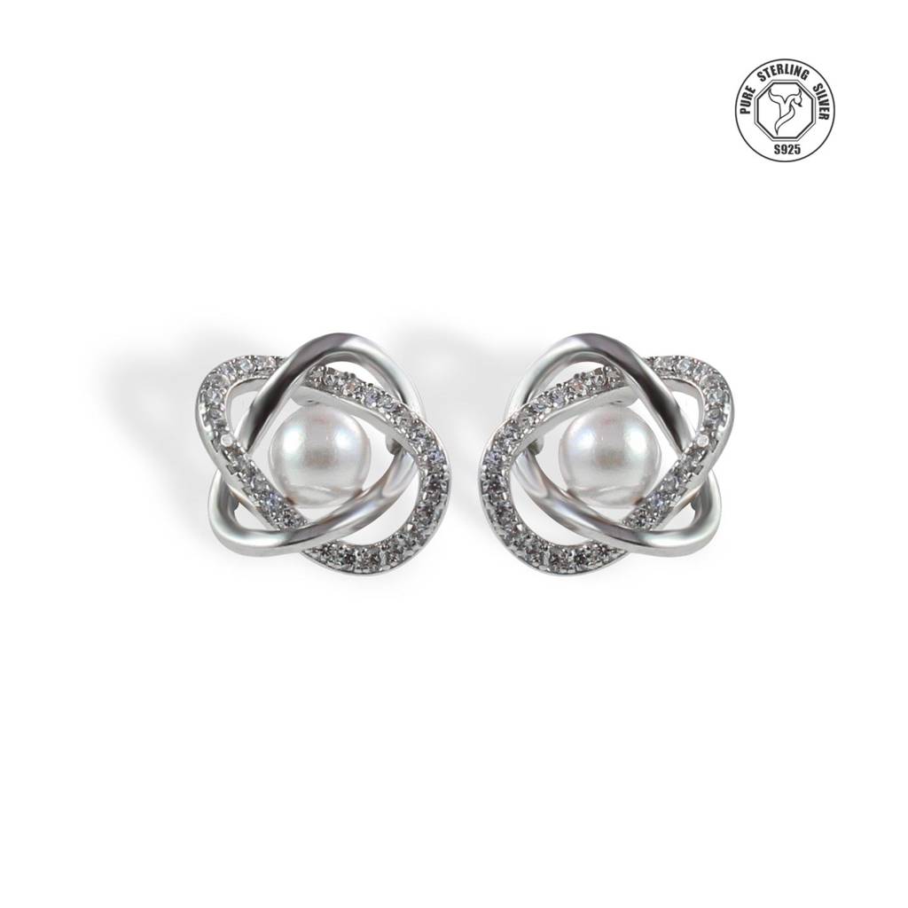 Golden Orbit Pearl & Zircon Stud Earrings : TRSRDJ0188Silver