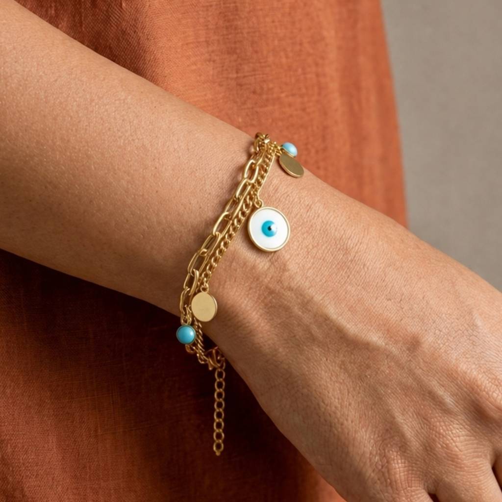Gold Evil Eye Charm Anti-Tarnish Bracelet For Women : HSPS60MB1782