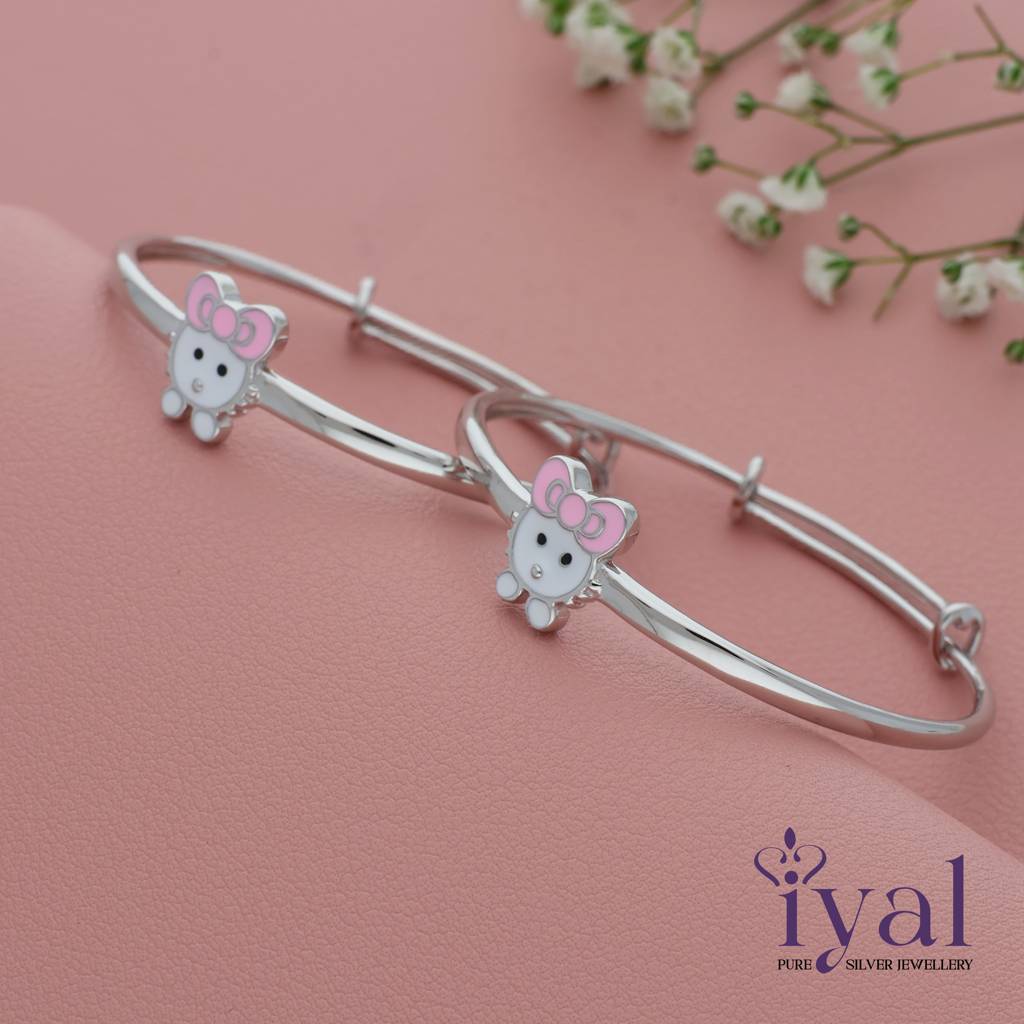 Cute Kitty 925 Silver Bangle For Kids(Pair) : KB-158