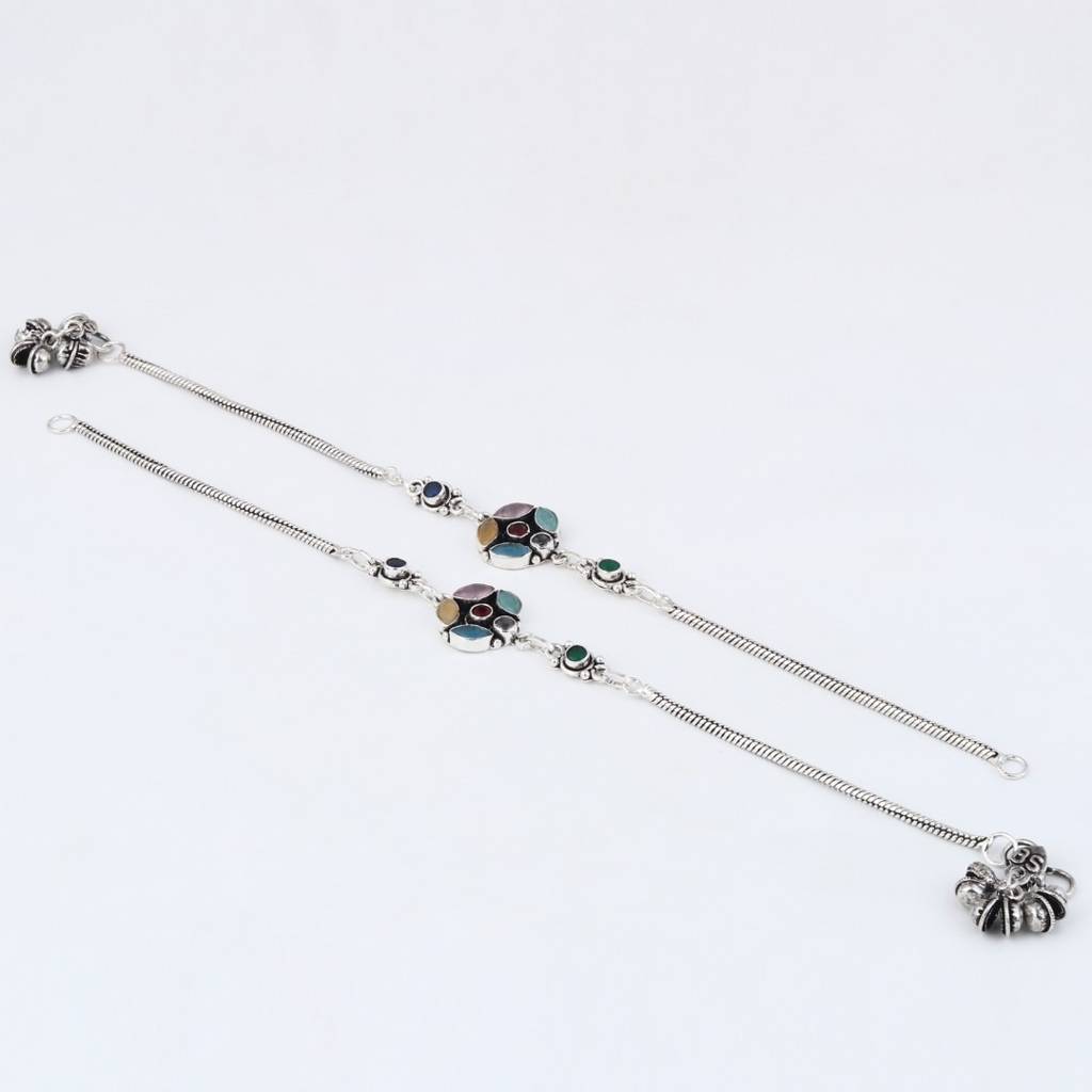 Silver Oxidised Multi-Color Floral Brass Anklet : S24AJAK560SLV