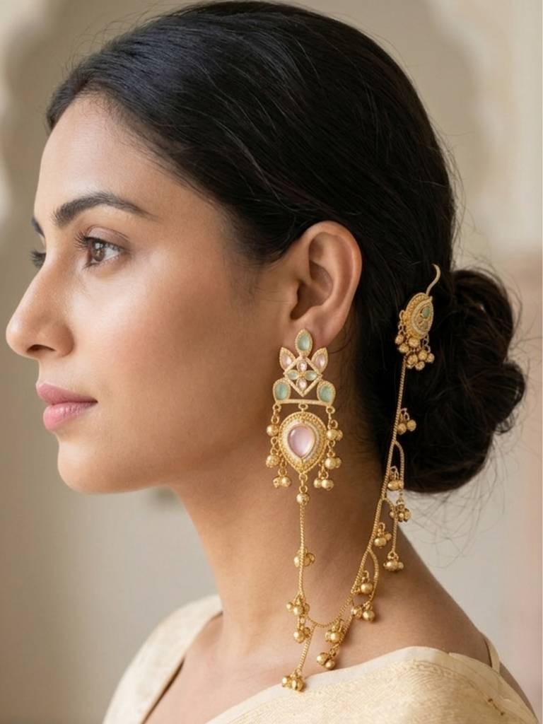 Gold-Plated Premium Kundan Red Stone-Studded Kan Chain Earrings : VI26EROX100371