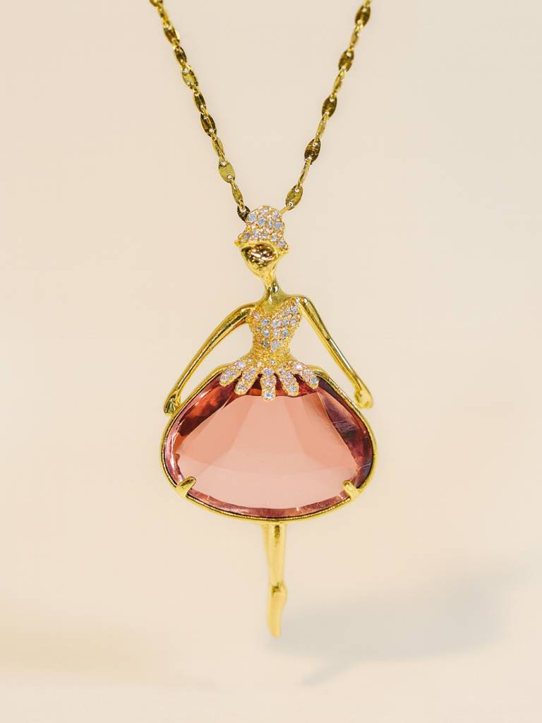 Anti-Tarnish Angel Pendant Necklace With Peach Stone | 18K Gold Chain : ATC641ABPC