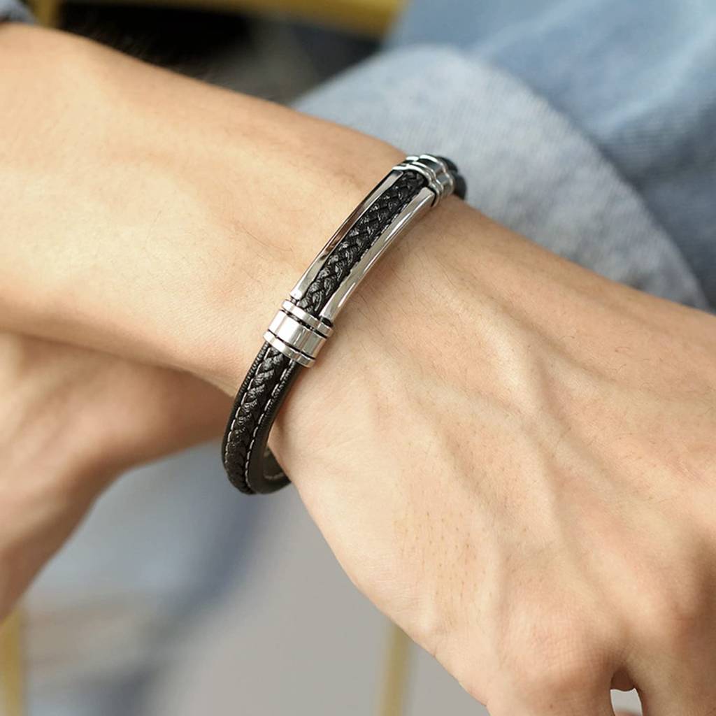 Silver Plated Leather Bracelet Stylish Design Fashion Jewellery For Men & Boys : PX9LB47