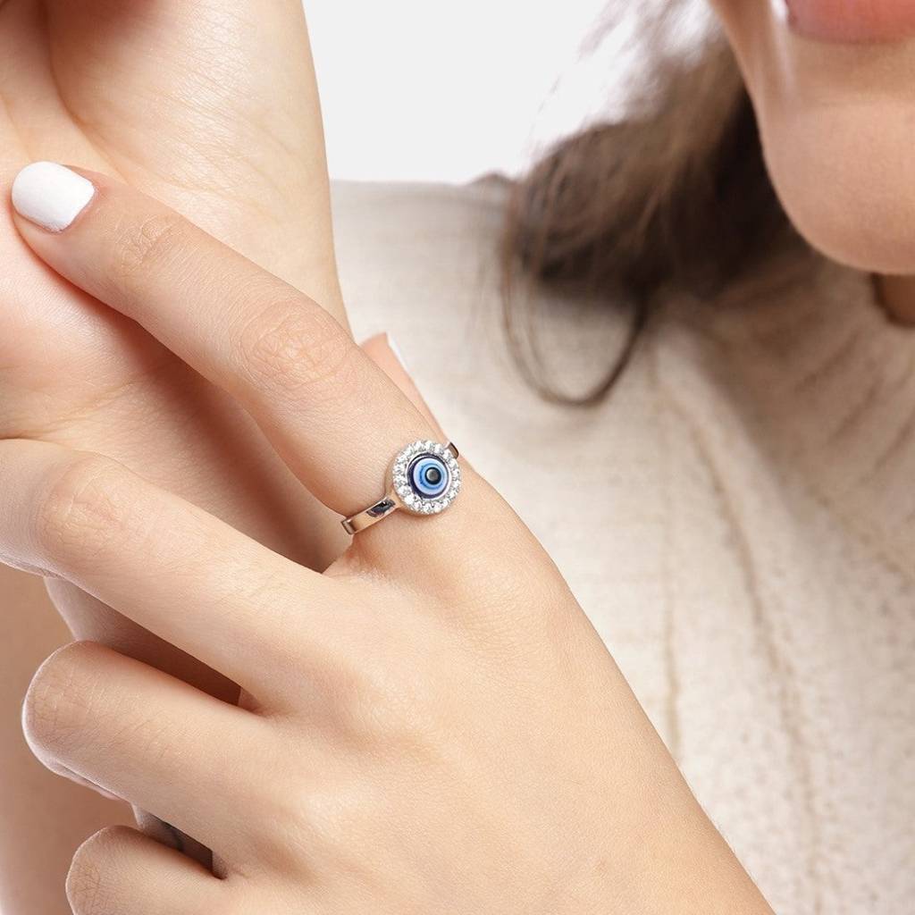 Mystic Ward Evil Eye Cz Rhodium Plated 925 Sterling Silver Ring (Adjustable) : RNG-40248-R