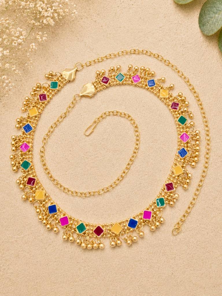 Women Gold-Plated Multicolour Stone Studded Kamarbandh Waist Belt : VI26KB10008
