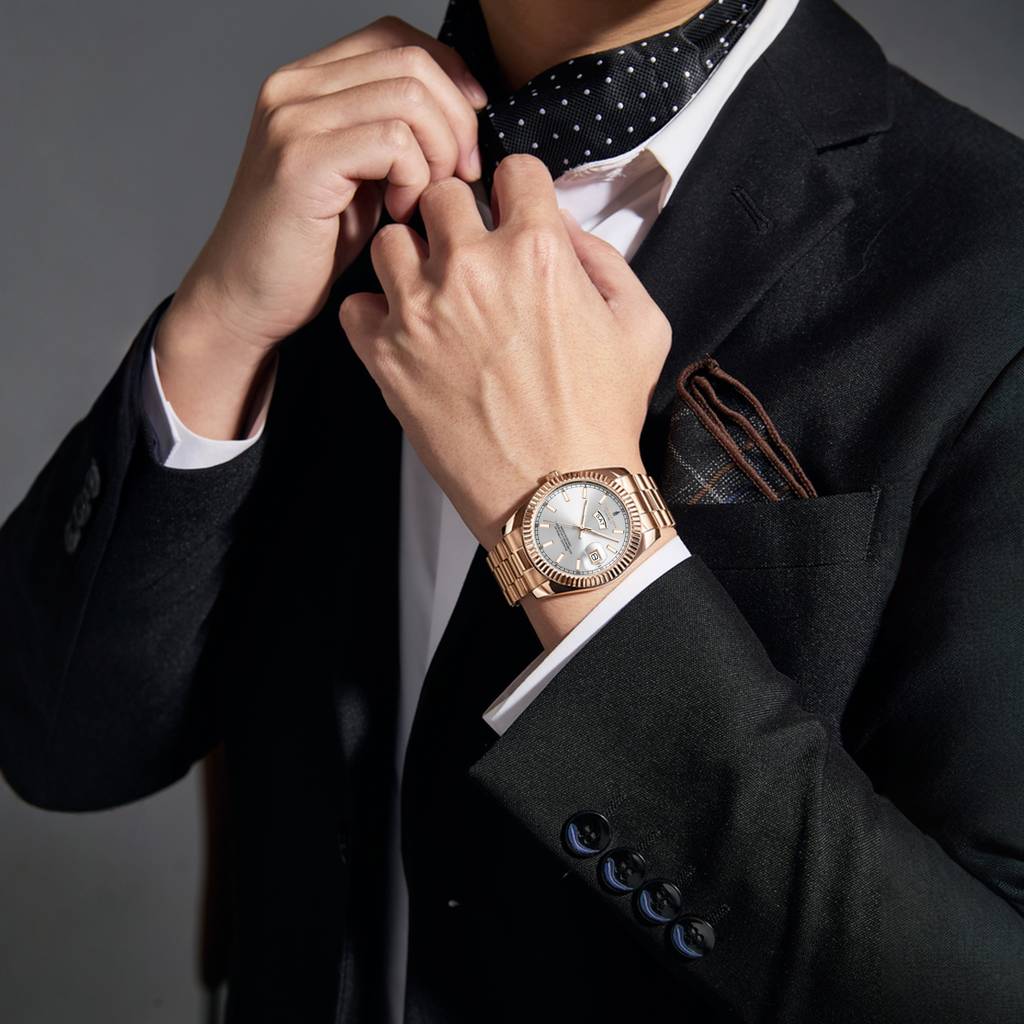 Oxford Collection Analog Quartz Watch For Men With Stainless Steel Strap, Fluted Metal Case, Day & Date Display, : LFM10001-44