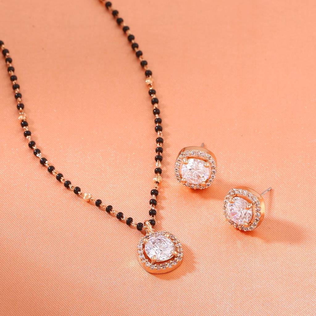 Estele Rose Gold Plated Cz Sparkling Square Designer Mangalsutra Necklace Set For Women