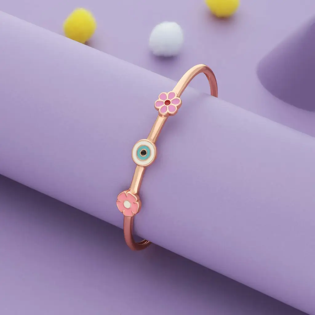 Iyal Lucky Bloom Evil Eye Duo 18K Rose Gold Polish Silver Kids Bangles (0-5 Yrs) : KB-CC-RG-U-182-P
