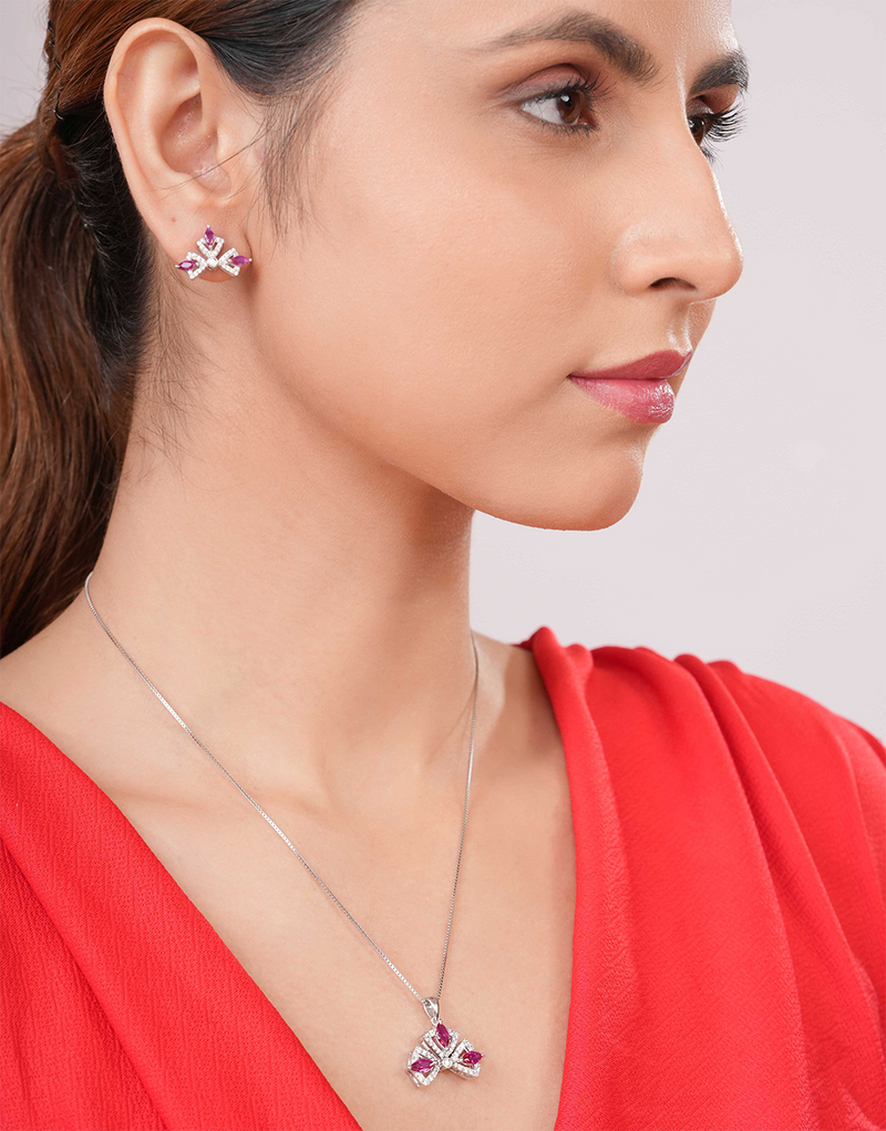 Elegant Pink Cz Stone Pendant & Earrings Jewelry Set : JS-10005-R
