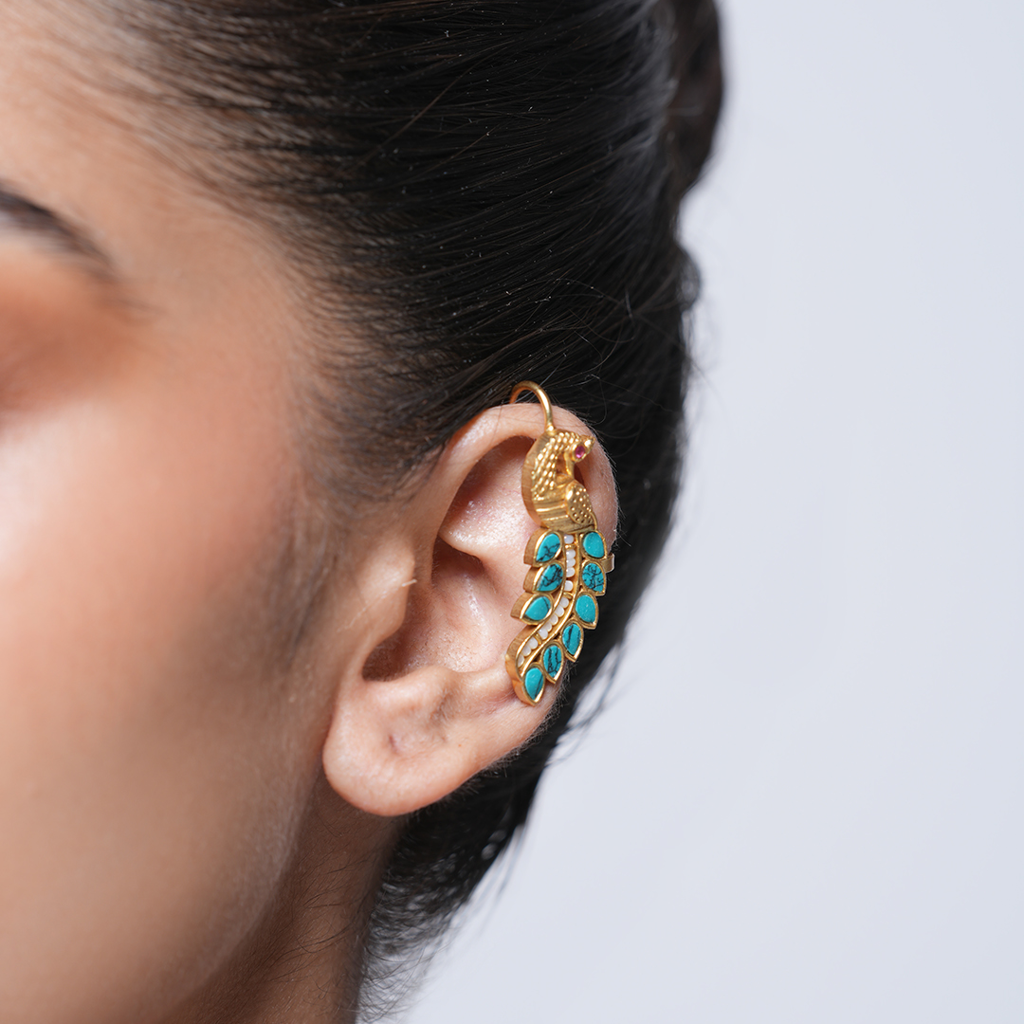 Designer Green Kundan Peacock Earcuffs : CAO0197STM