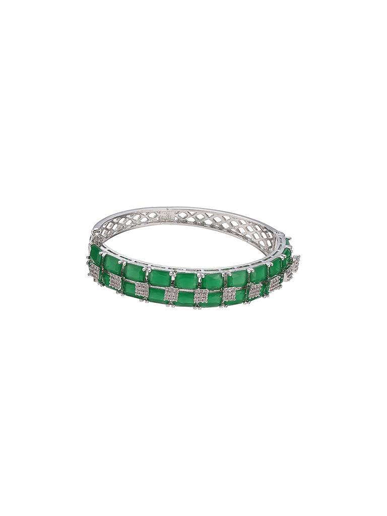 Silver Plated Green Emerald  Zircon Minimal Luxe Bridal Kada Bracelet : SJBR2930