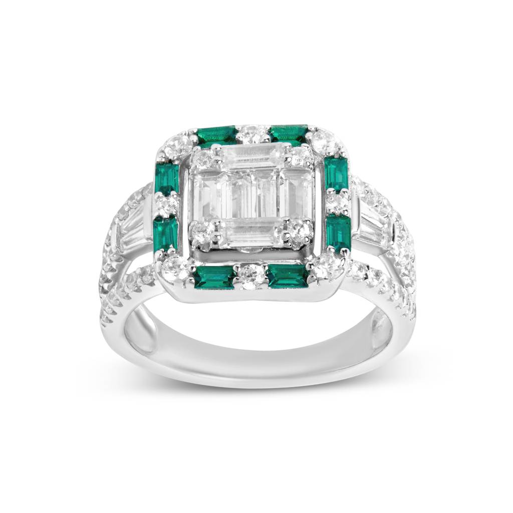 Silver Emerald Baguette Diamond Ring : R013-WH-E-9