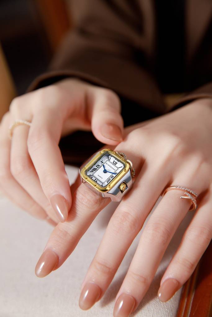 Analog Ring Watch For Women With Rectangular Dial, Roman Numeral Markers, Blue Hands, Quartz Movement And Stainl : GZ-60186-33