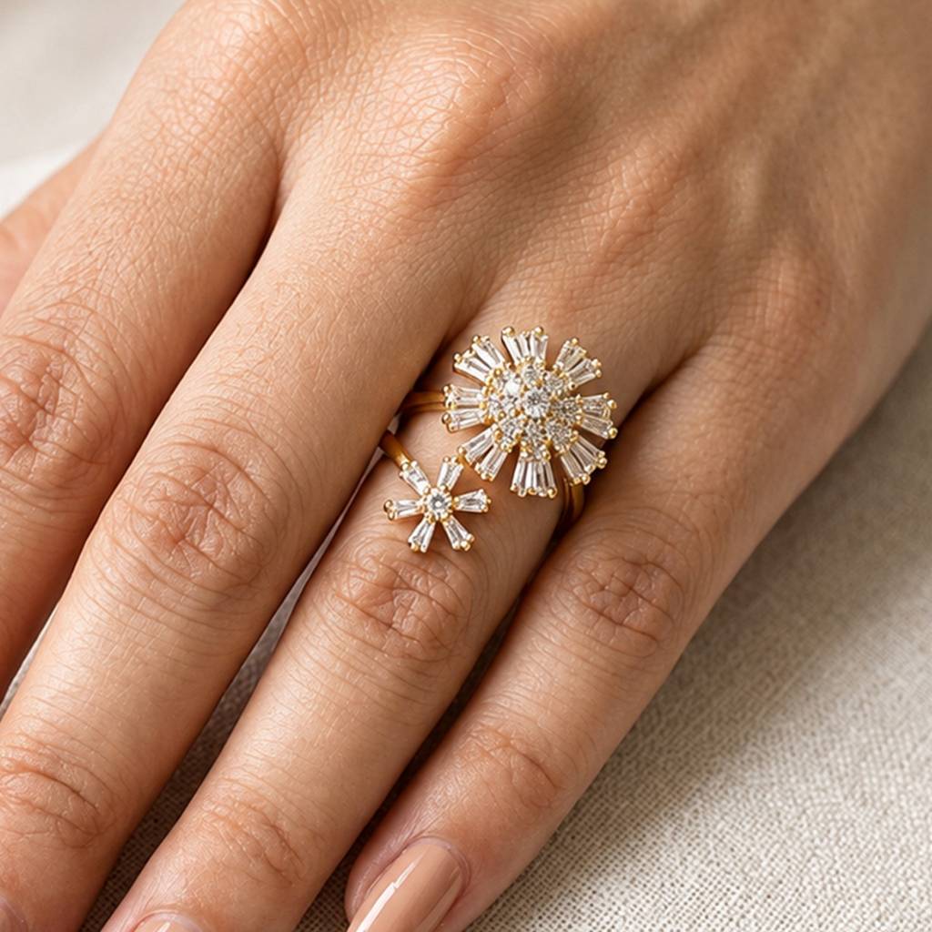 Gold Twin Daisy Revolving Flower Crystal Adjustable Anti-Tarnish Ring For Women : JW-HSPS60MB1986