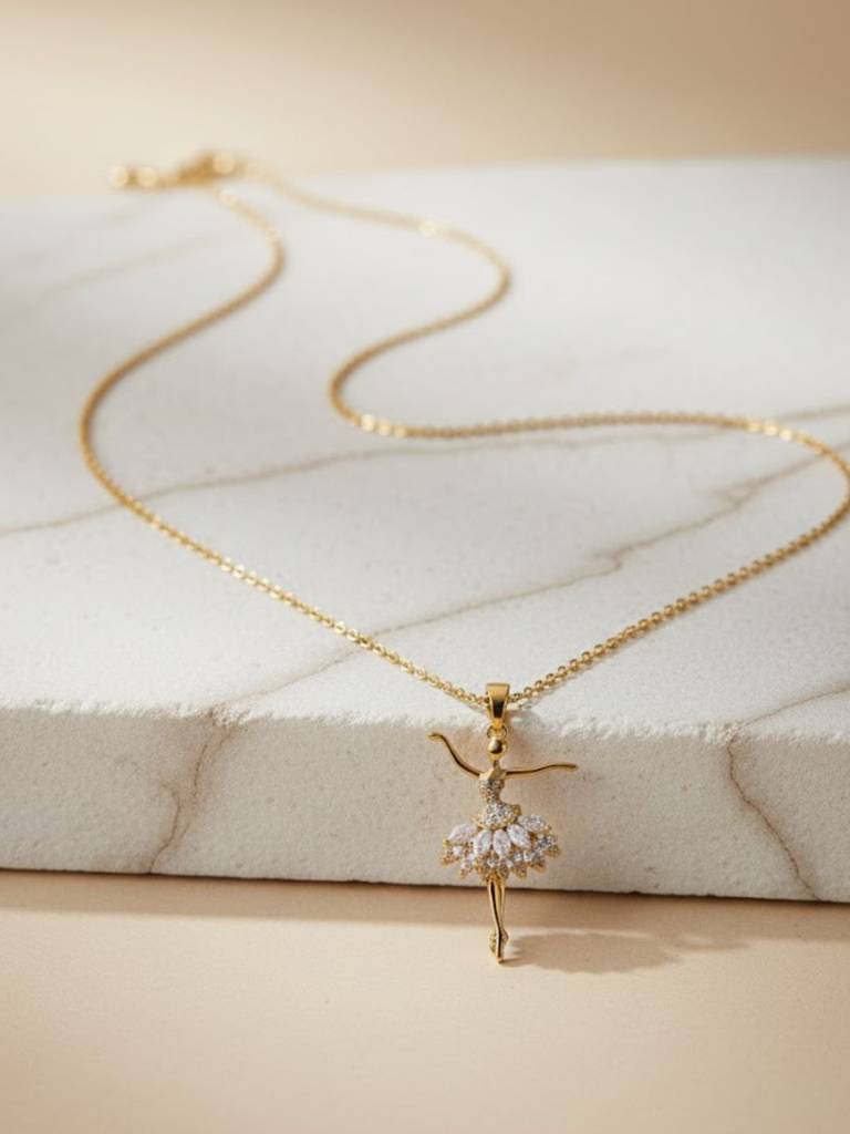 Anti-Tarnish Angel Ballerina Pendant Necklace | 18K Gold Cz Chain : ATC644AWSPC